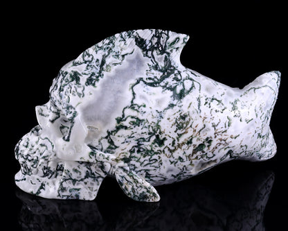 11.4" Moss Agate Hand Carved Crystal Fish Shape Skull Sculpture