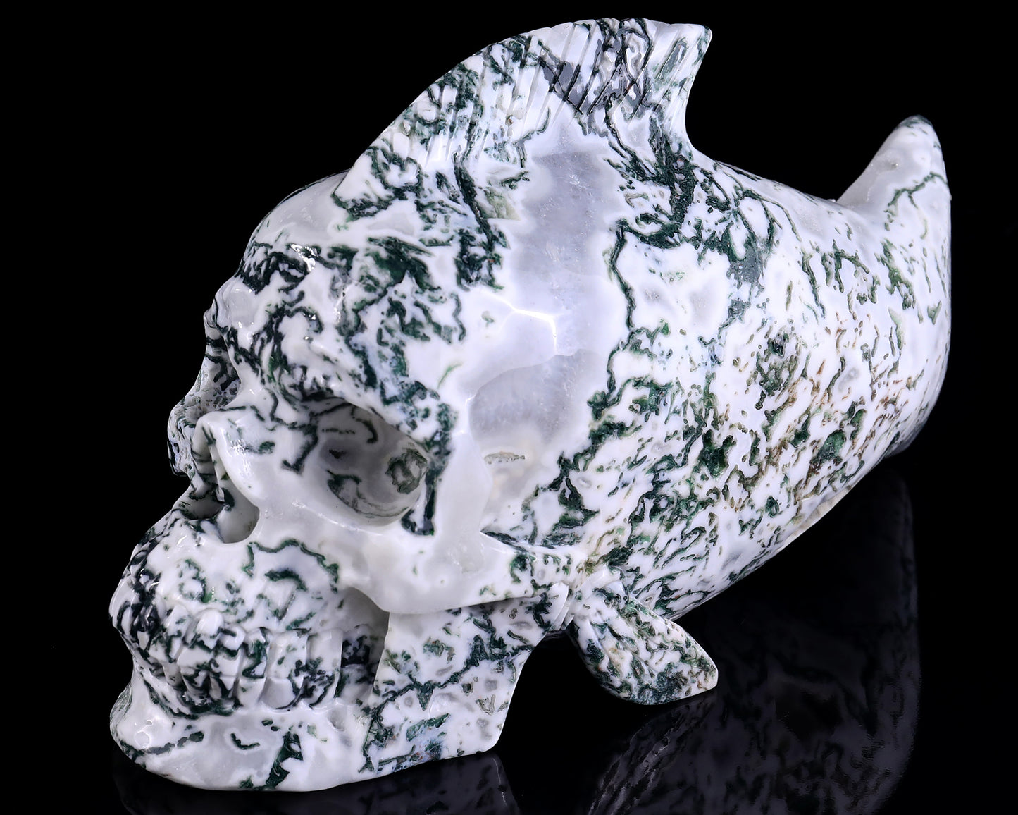 11.4" Moss Agate Hand Carved Crystal Fish Shape Skull Sculpture