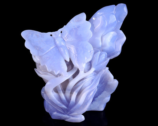 5.2" Blue Crazy Lace Agate Hand Carved Crystal Butterfly and Lotus Sculpture