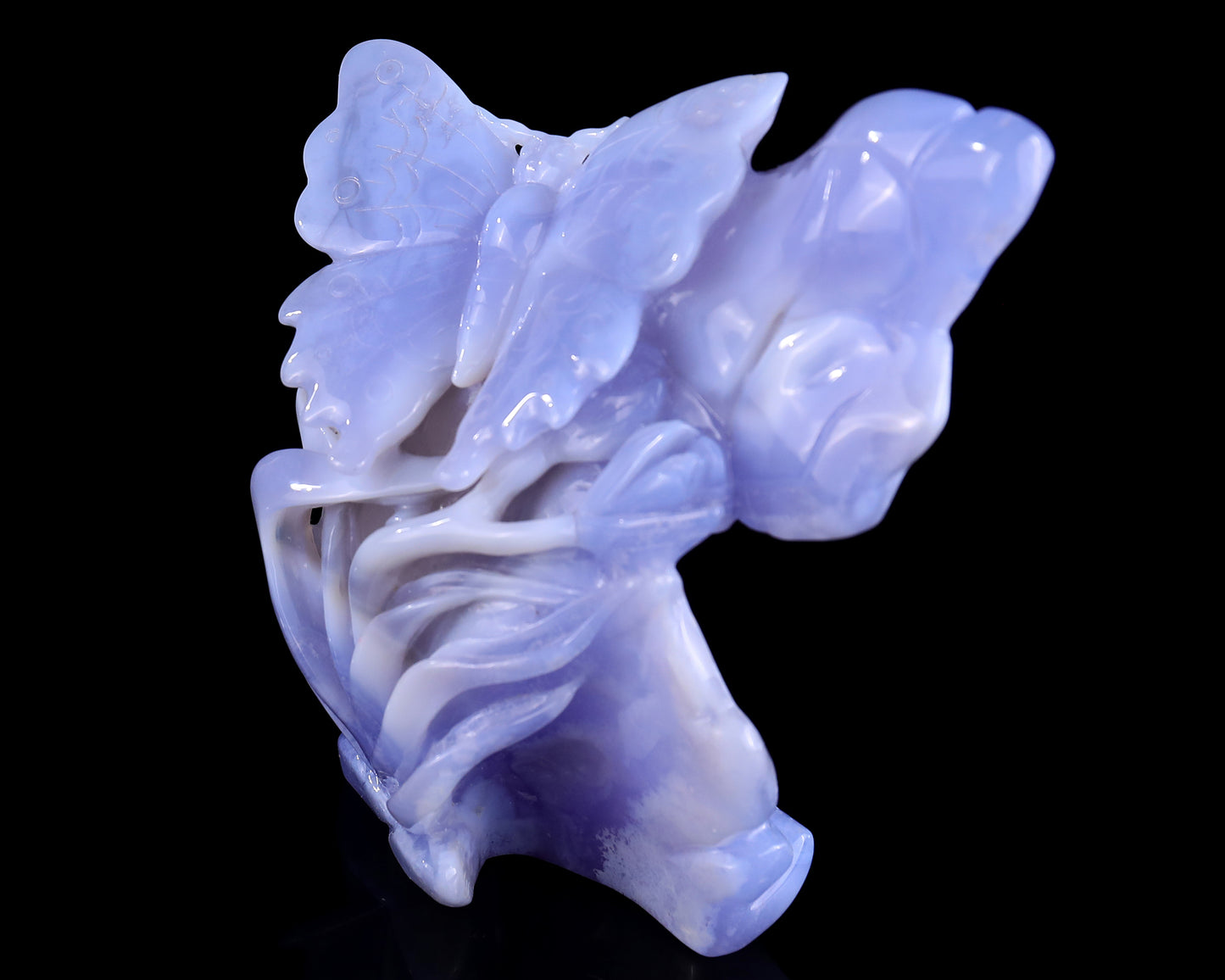 5.2" Blue Crazy Lace Agate Hand Carved Crystal Butterfly and Lotus Sculpture