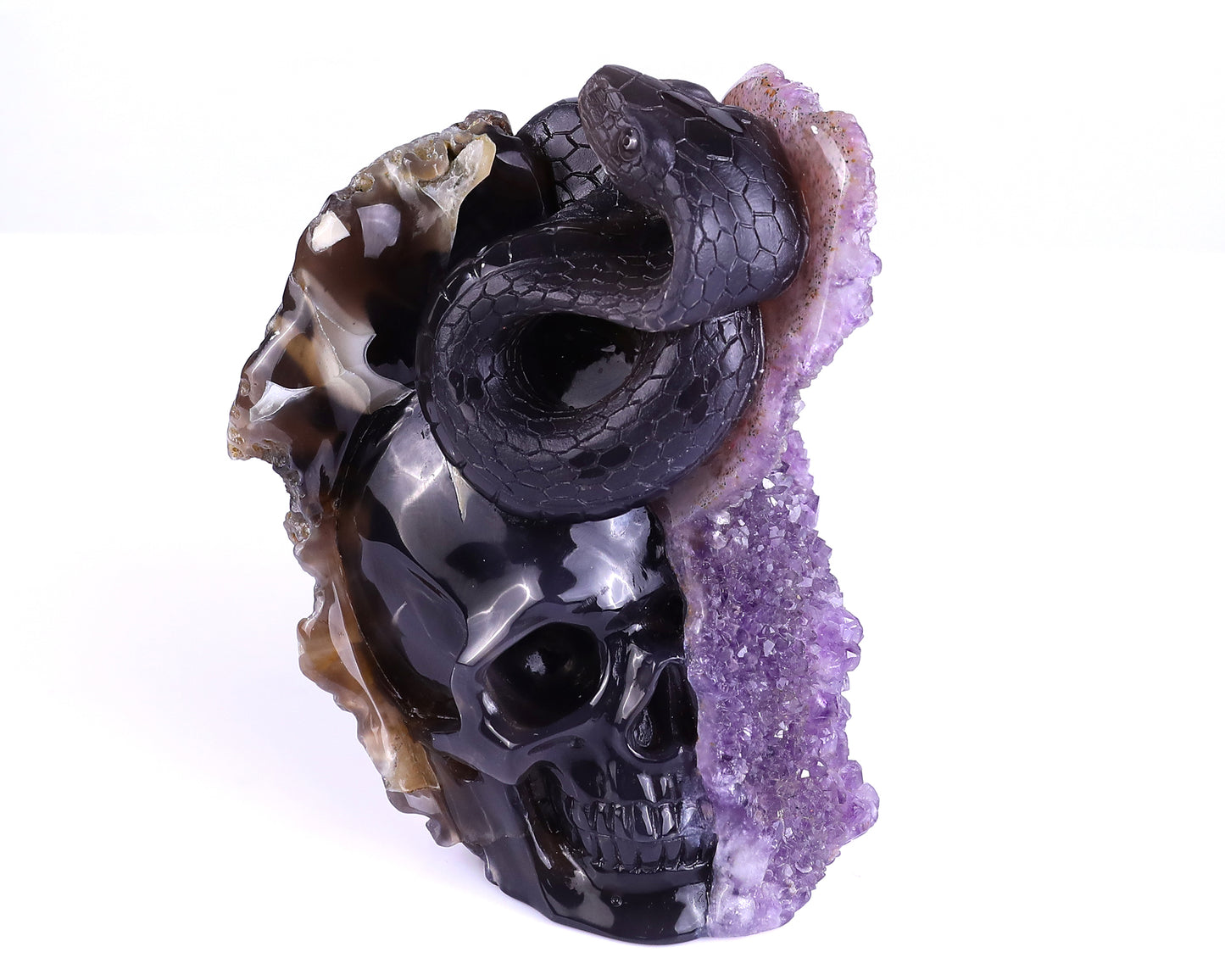 Unique 6.6" Amethyst Geode Agate Hand Carved Crystal Skull and Snake Sculpture