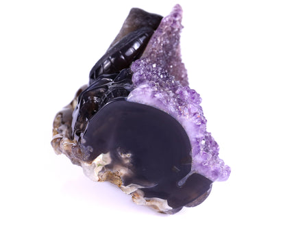 Unique 6.6" Amethyst Geode Agate Hand Carved Crystal Skull and Snake Sculpture