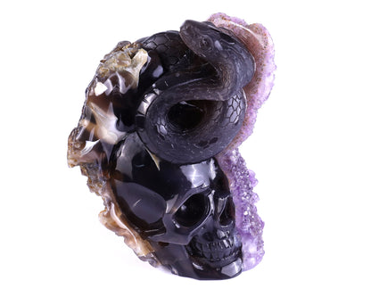 Unique 6.6" Amethyst Geode Agate Hand Carved Crystal Skull and Snake Sculpture