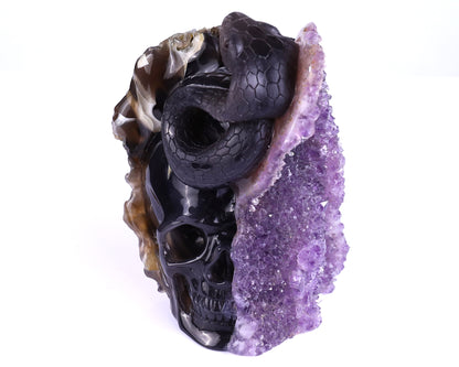 Unique 6.6" Amethyst Geode Agate Hand Carved Crystal Skull and Snake Sculpture