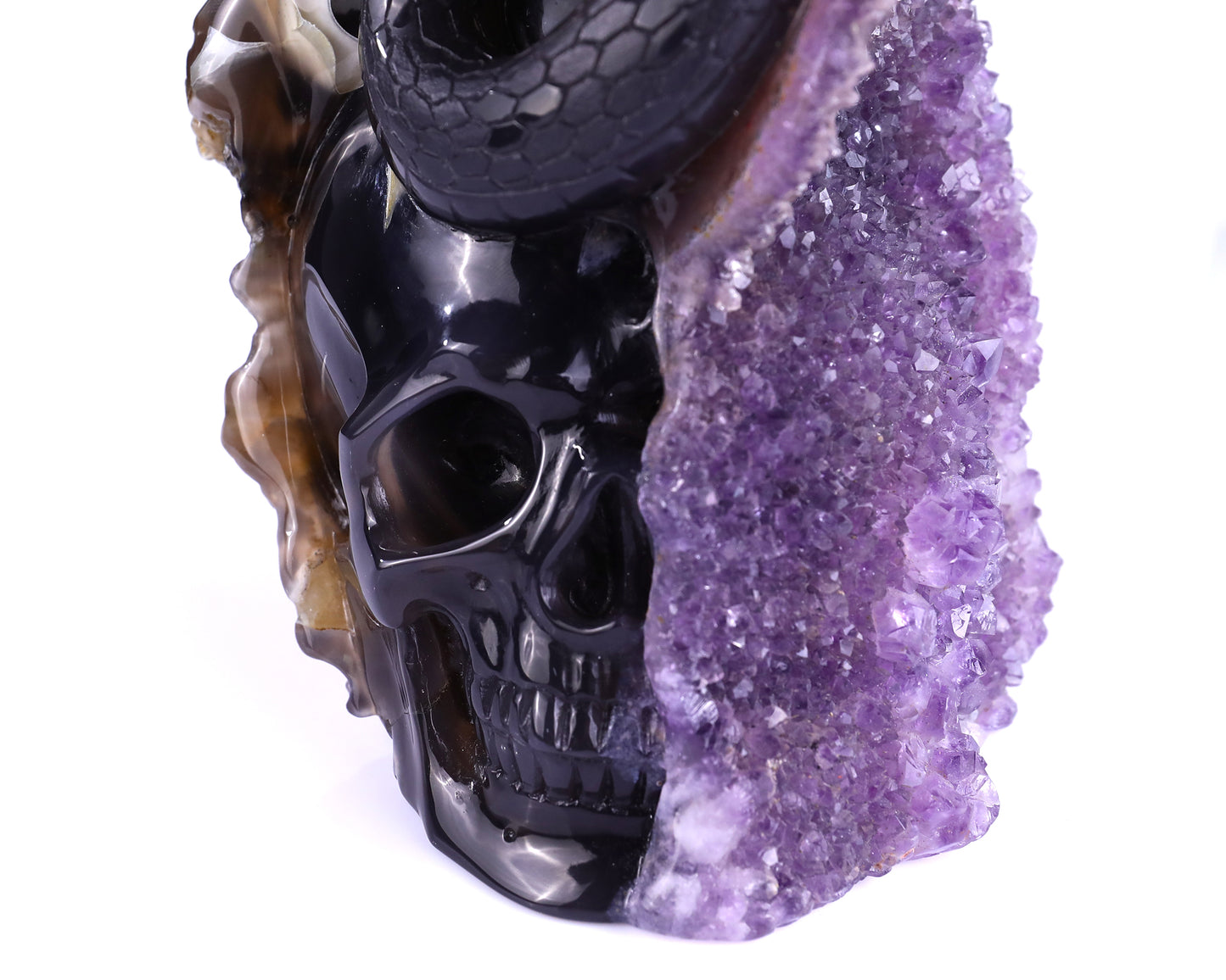 Unique 6.6" Amethyst Geode Agate Hand Carved Crystal Skull and Snake Sculpture