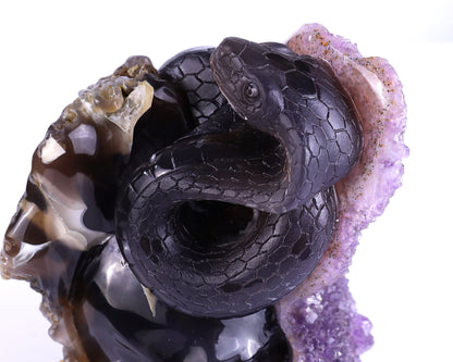 Unique 6.6" Amethyst Geode Agate Hand Carved Crystal Skull and Snake Sculpture