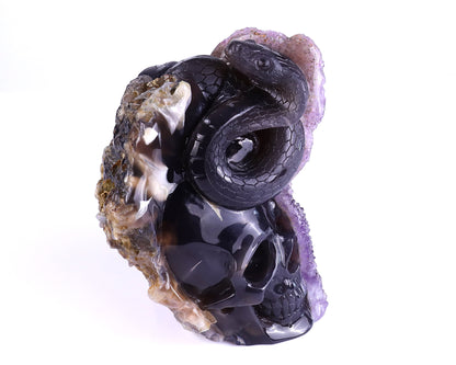 Unique 6.6" Amethyst Geode Agate Hand Carved Crystal Skull and Snake Sculpture