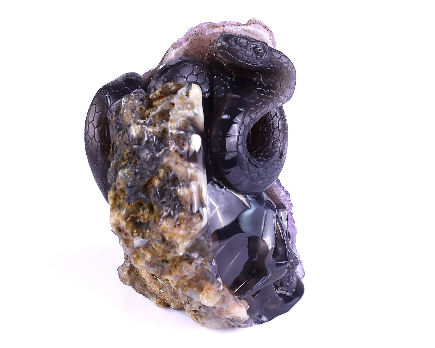 Unique 6.6" Amethyst Geode Agate Hand Carved Crystal Skull and Snake Sculpture