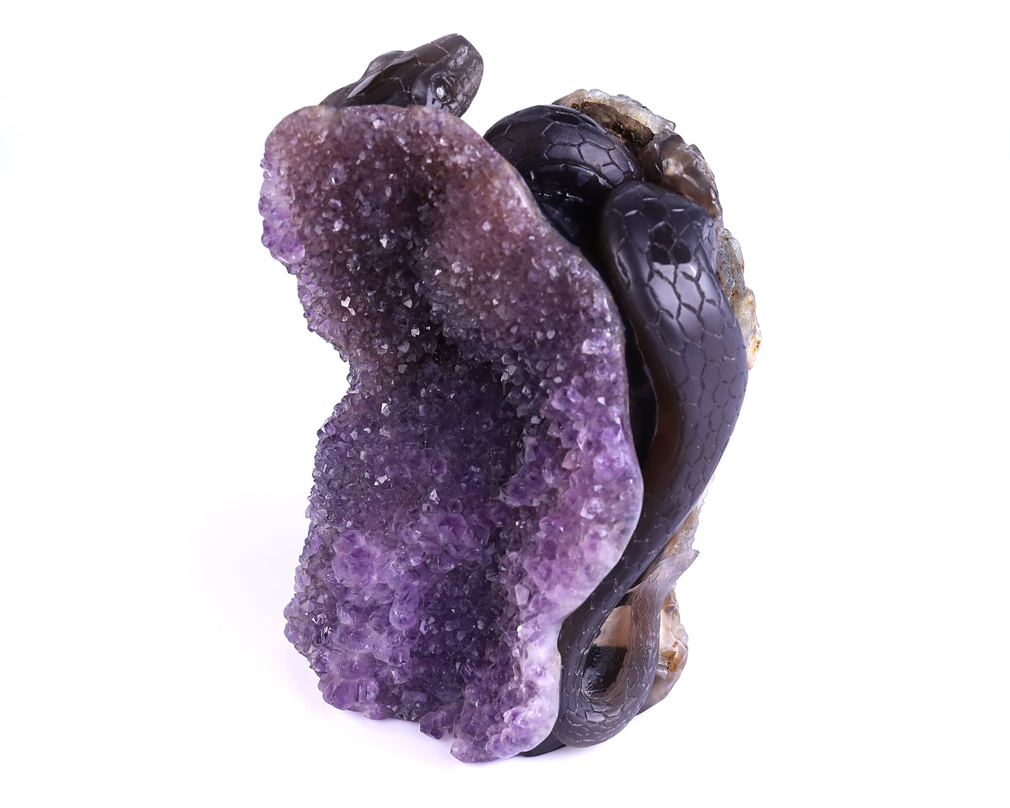 Unique 6.6" Amethyst Geode Agate Hand Carved Crystal Skull and Snake Sculpture