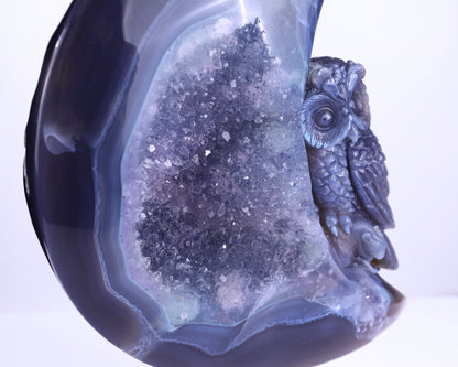 20.2" Quartz Rock Druse Hand Carved Crystal Owl Sculpture