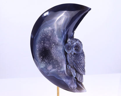 20.2" Quartz Rock Druse Hand Carved Crystal Owl Sculpture