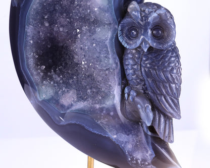 20.2" Quartz Rock Druse Hand Carved Crystal Owl Sculpture