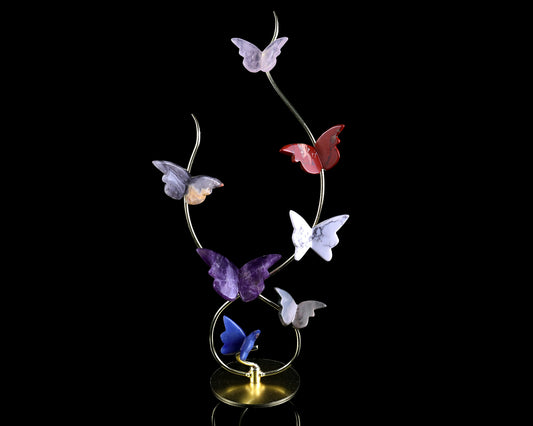 Natural Crystal Colorful Butterfly with Golden Metal Stand