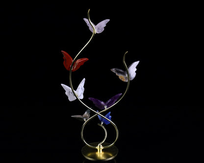 Natural Crystal Colorful Butterfly with Golden Metal Stand