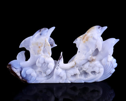 Amazing 11.0" Blue Chalcedony Hand Carved Crystal Dolphins Sculpture