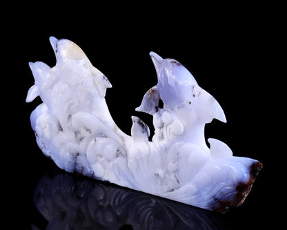 Amazing 11.0" Blue Chalcedony Hand Carved Crystal Dolphins Sculpture