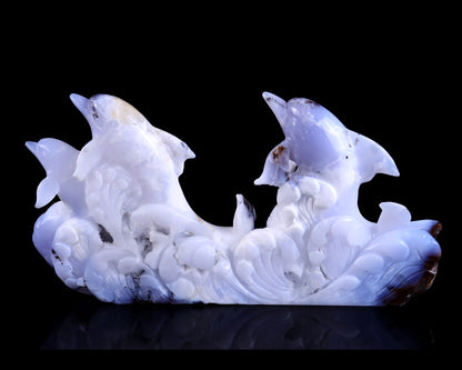 Amazing 11.0" Blue Chalcedony Hand Carved Crystal Dolphins Sculpture