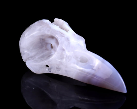 5.1" White Geode Agate Hand Carved Crystal Raven Skull Sculpture