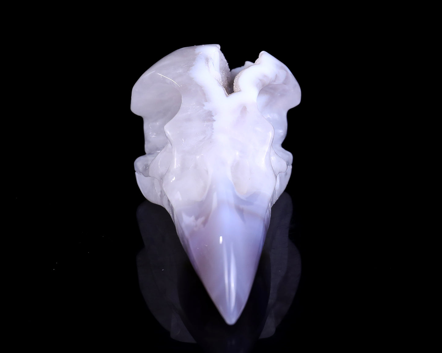 5.1" White Geode Agate Hand Carved Crystal Raven Skull Sculpture