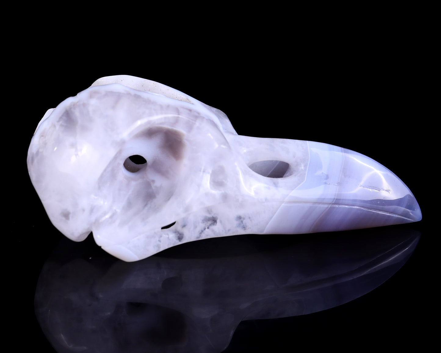 5.1" White Geode Agate Hand Carved Crystal Raven Skull Sculpture