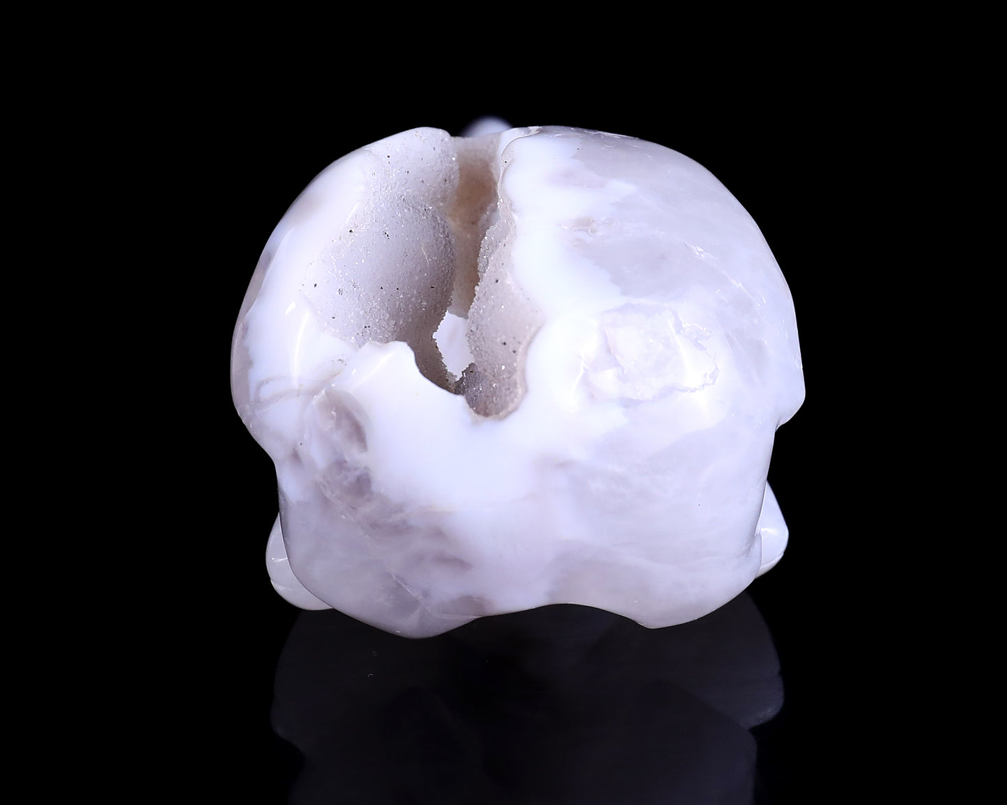 5.1" White Geode Agate Hand Carved Crystal Raven Skull Sculpture