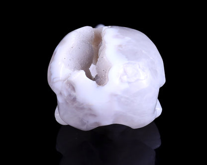 5.1" White Geode Agate Hand Carved Crystal Raven Skull Sculpture