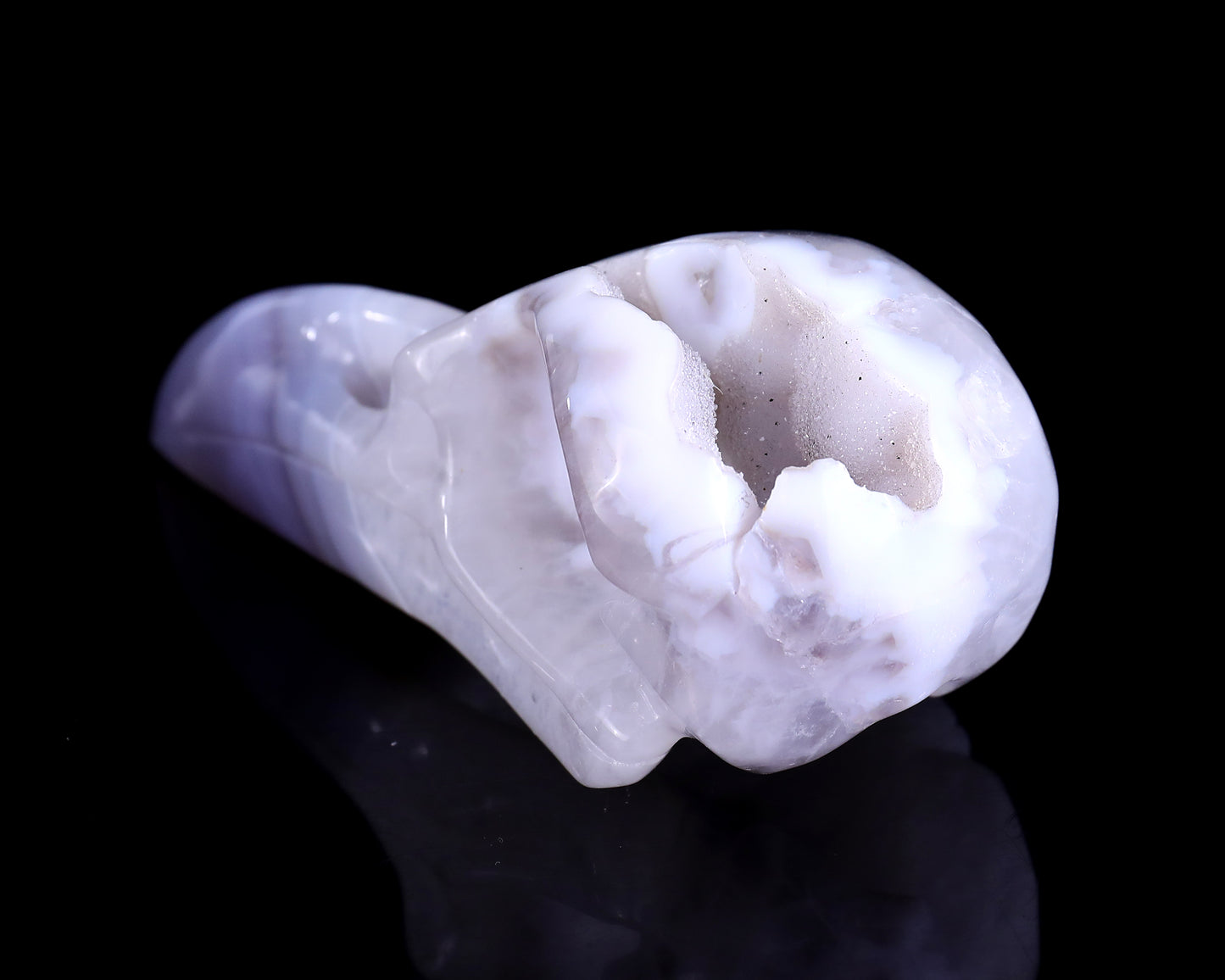 5.1" White Geode Agate Hand Carved Crystal Raven Skull Sculpture