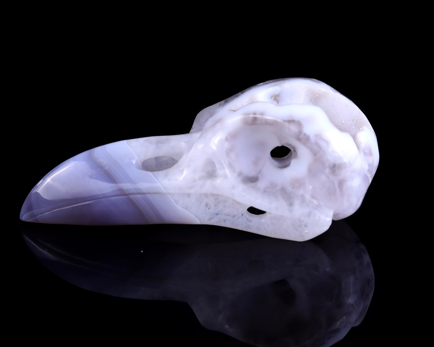 5.1" White Geode Agate Hand Carved Crystal Raven Skull Sculpture