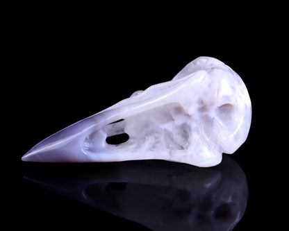 5.1" White Geode Agate Hand Carved Crystal Raven Skull Sculpture