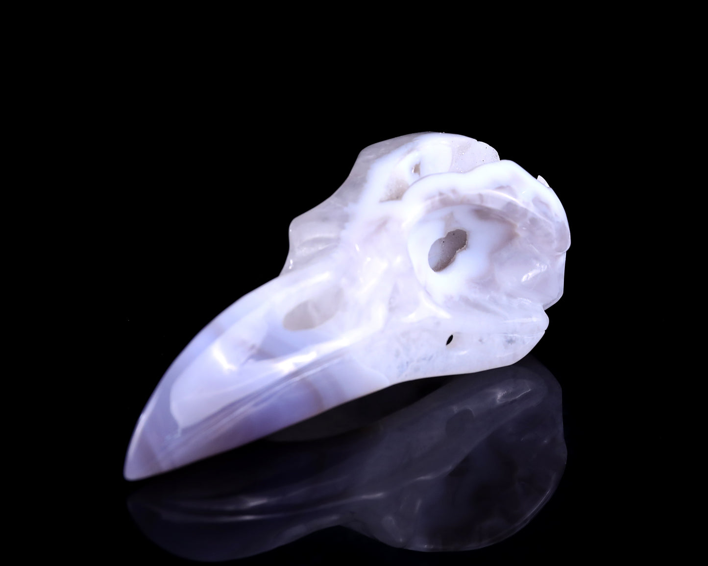 5.1" White Geode Agate Hand Carved Crystal Raven Skull Sculpture