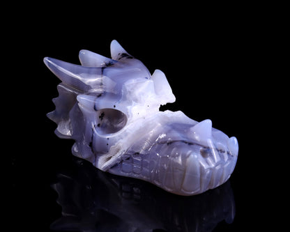 3.5" White Geode Agate Hand Carved Crystal Dragon Skull Sculpture