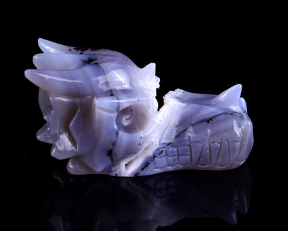 3.5" White Geode Agate Hand Carved Crystal Dragon Skull Sculpture