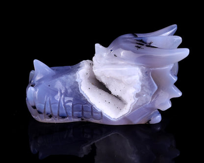 3.5" White Geode Agate Hand Carved Crystal Dragon Skull Sculpture