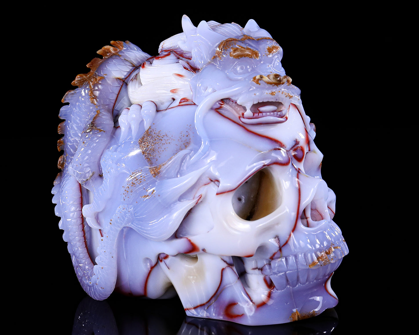 Unique 6.5" Blue Chalcedony Hand Carved Crystal Dragon King Skeleton Zun Skull Sculpture