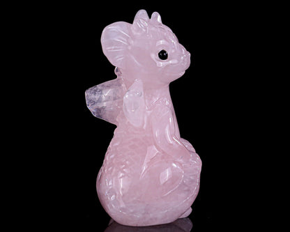 3.3" Rose Quartz Hand Carved Crystal Cute Baby Dragon Sculpture