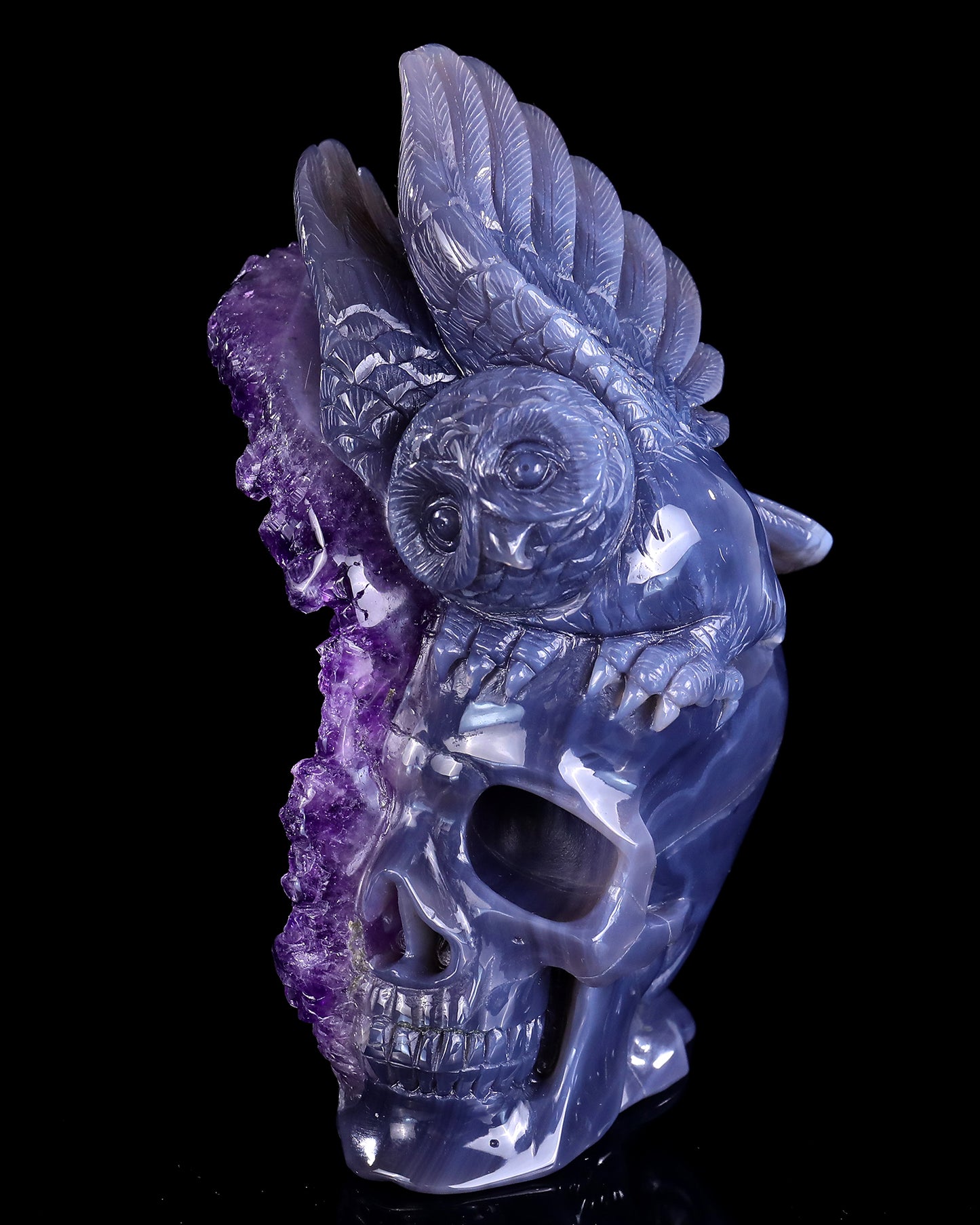 Unique 6.9" Amethyst Druse Agate Hand Carved Mineral Specimen Skull and Owl Sculpture