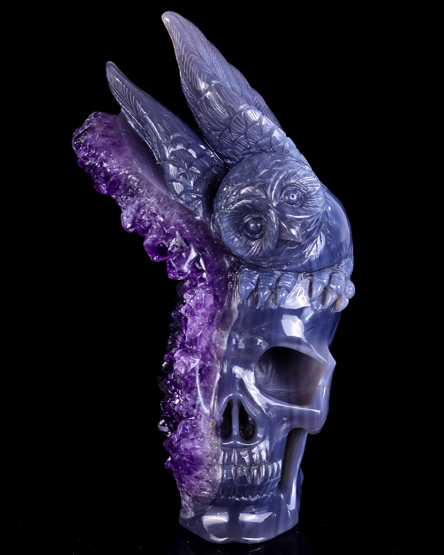 Unique 6.9" Amethyst Druse Agate Hand Carved Mineral Specimen Skull and Owl Sculpture