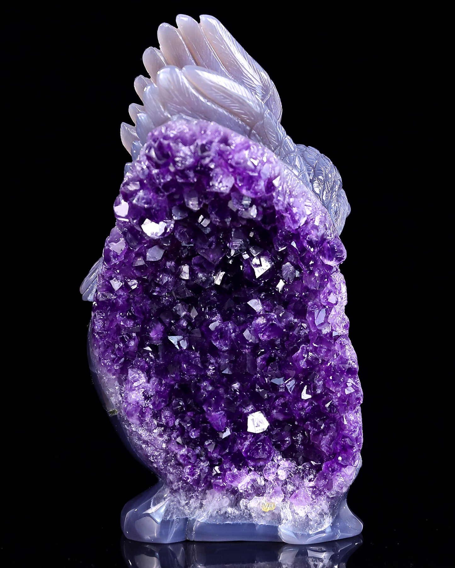 Unique 6.9" Amethyst Druse Agate Hand Carved Mineral Specimen Skull and Owl Sculpture