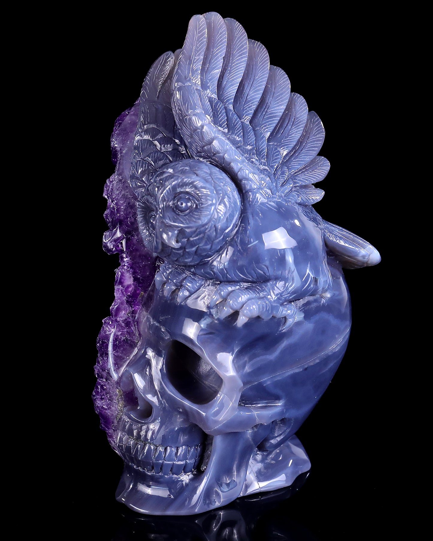 Unique 6.9" Amethyst Druse Agate Hand Carved Mineral Specimen Skull and Owl Sculpture