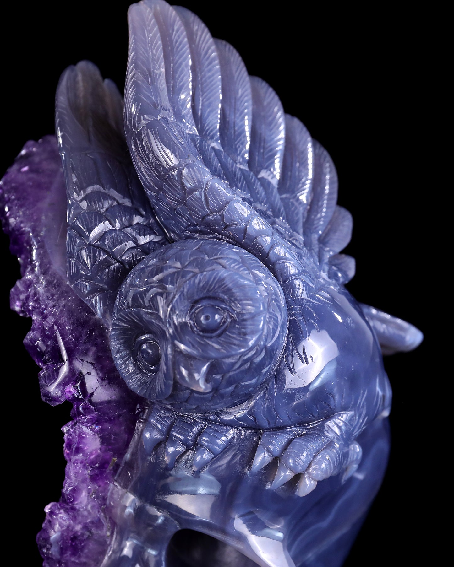 Unique 6.9" Amethyst Druse Agate Hand Carved Mineral Specimen Skull and Owl Sculpture