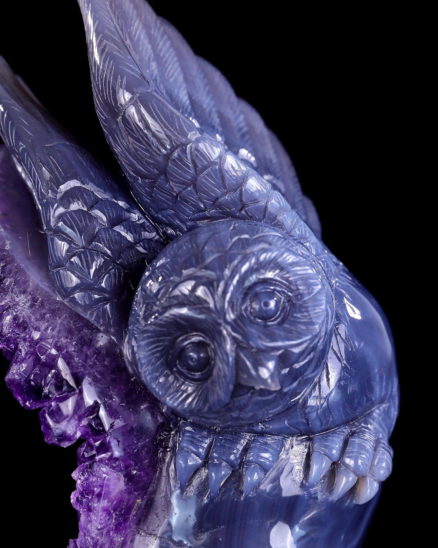 Unique 6.9" Amethyst Druse Agate Hand Carved Mineral Specimen Skull and Owl Sculpture