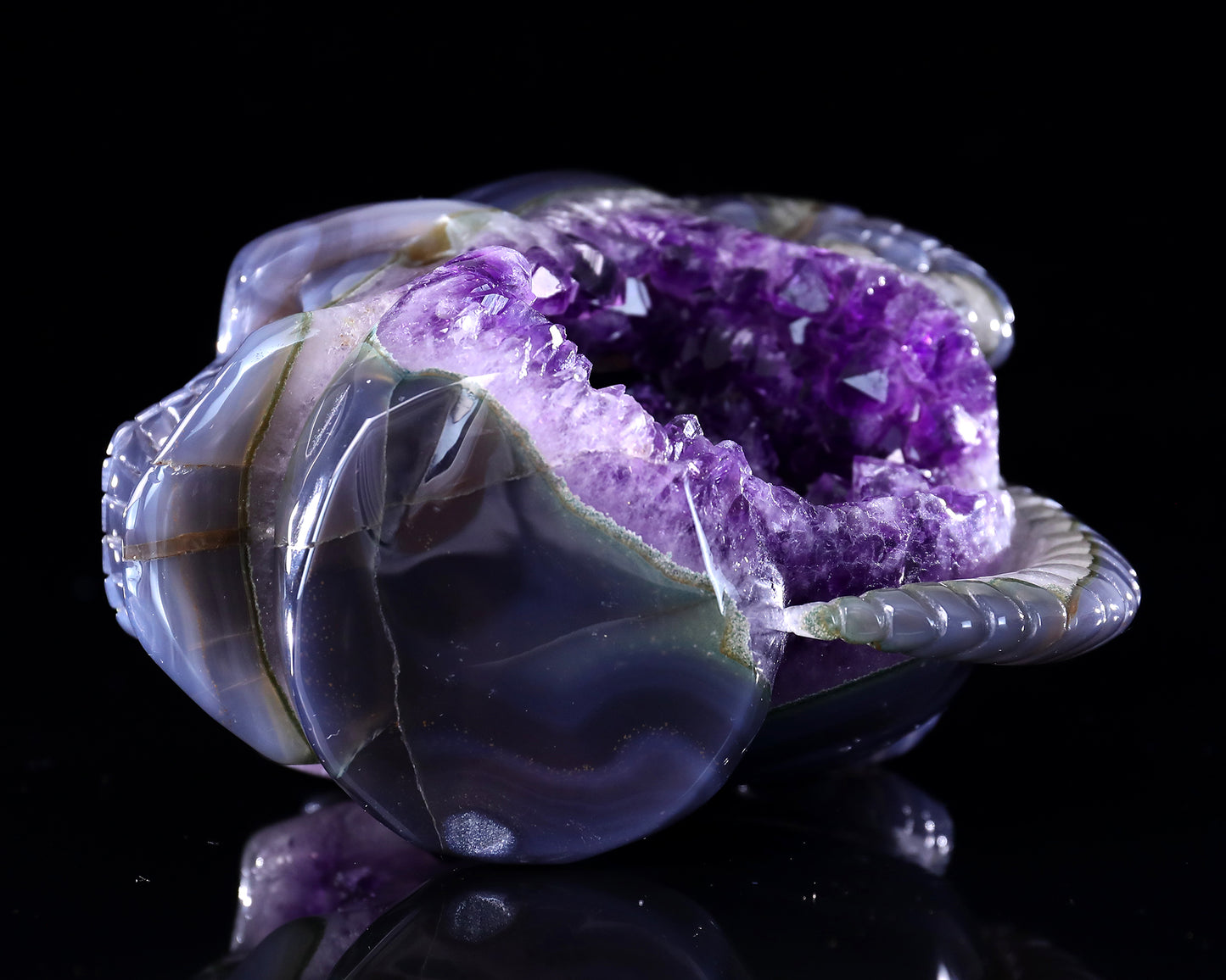 Unique 6.3" Amethyst Druse Agate Hand Carved Mineral Specimen Skull with Horn Sculpture