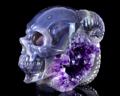 Unique 6.3" Amethyst Druse Agate Hand Carved Mineral Specimen Skull with Horn Sculpture