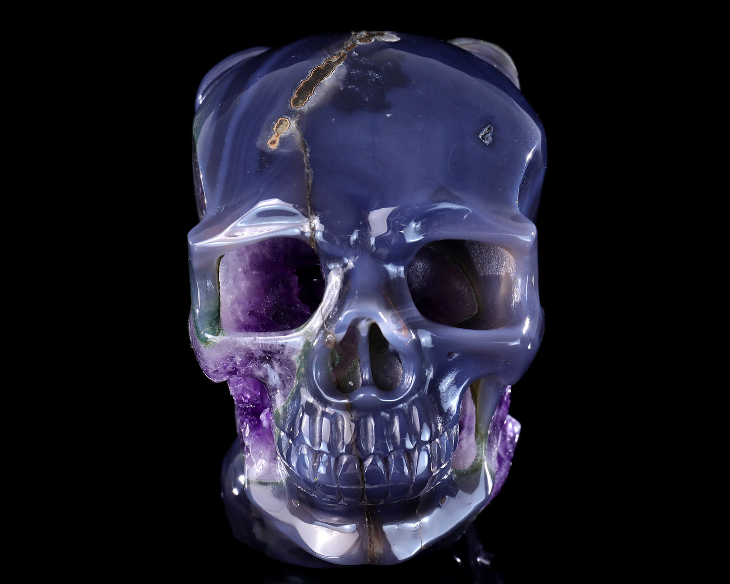 Unique 6.3" Amethyst Druse Agate Hand Carved Mineral Specimen Skull with Horn Sculpture