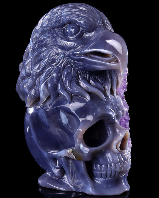 Unique 7.2" Amethyst Druse Agate Hand Carved Mineral Specimen Skull and Eagle Sculpture