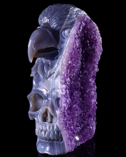 Unique 7.2" Amethyst Druse Agate Hand Carved Mineral Specimen Skull and Eagle Sculpture