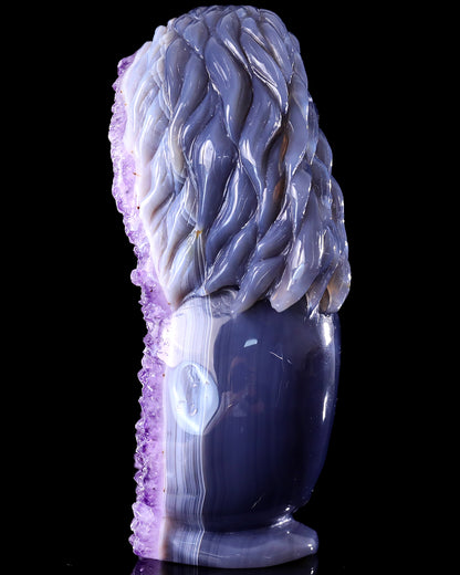 Unique 7.2" Amethyst Druse Agate Hand Carved Mineral Specimen Skull and Eagle Sculpture