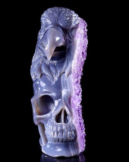 Unique 7.2" Amethyst Druse Agate Hand Carved Mineral Specimen Skull and Eagle Sculpture