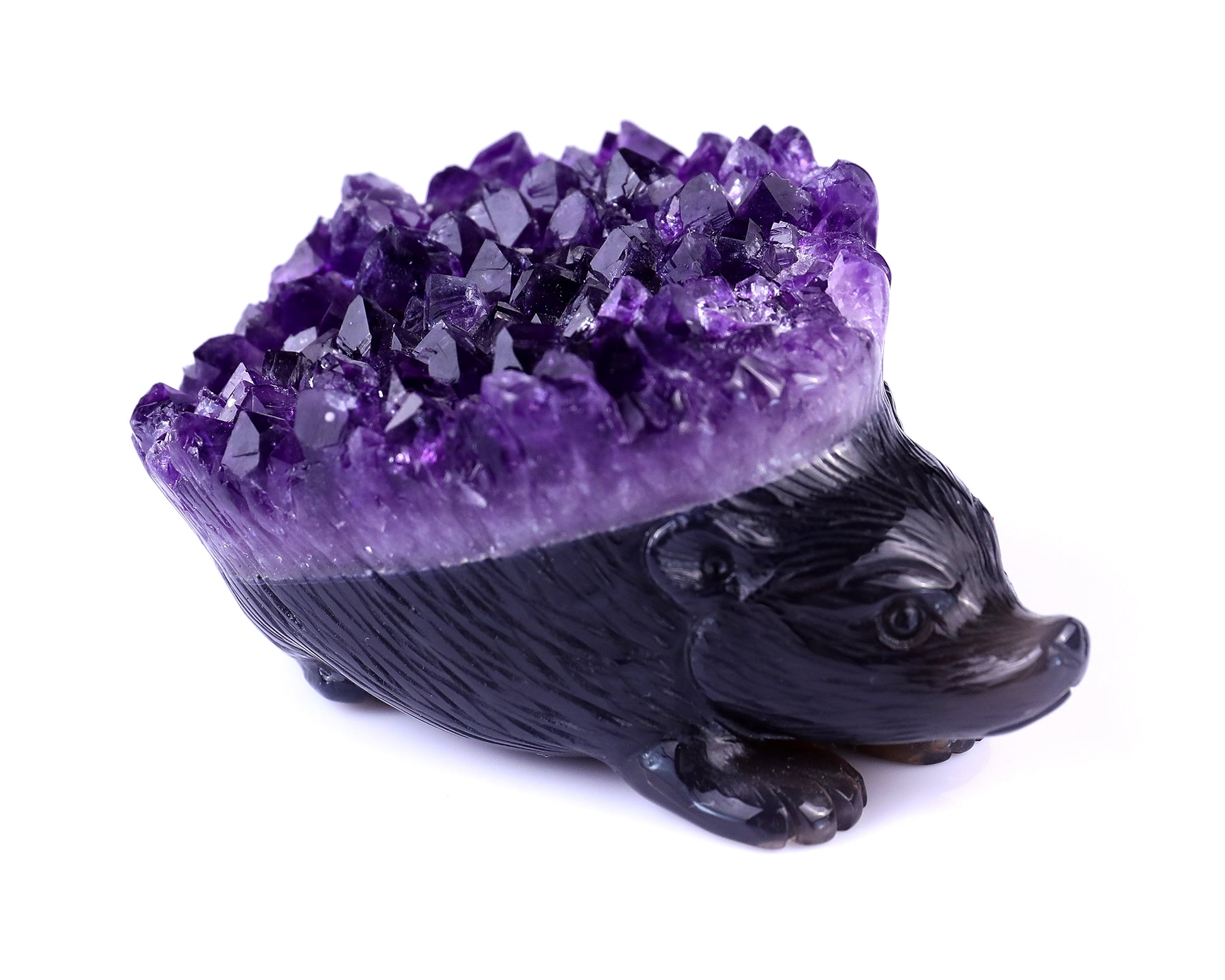 4.1" Amethyst Druse Agate Hand Carved Crystal Hedgehog Sculpture Crystallumi