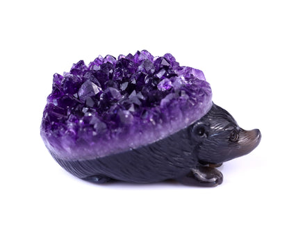 4.1" Amethyst Druse Agate Hand Carved Crystal Hedgehog Sculpture Crystallumi